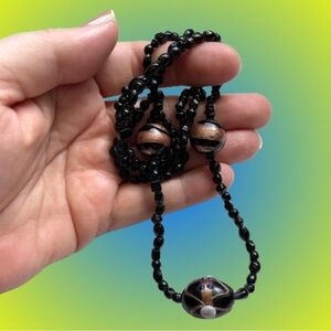 Vintage Murano style black art glass necklace w/ wedding cake bead